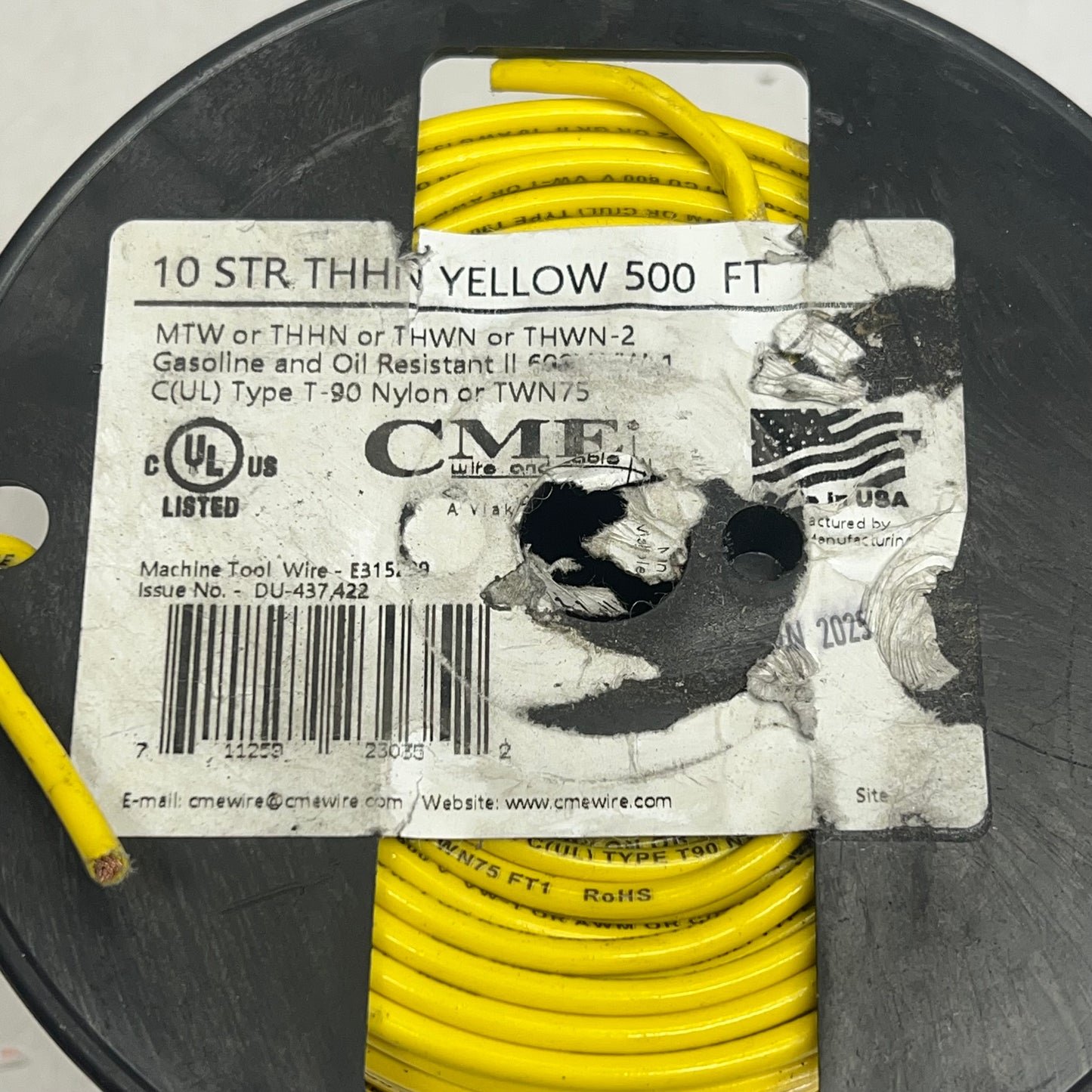CME Wire & Cable Coated Copper Thhn 10 Str 10 AWG 500' Yellow E315239