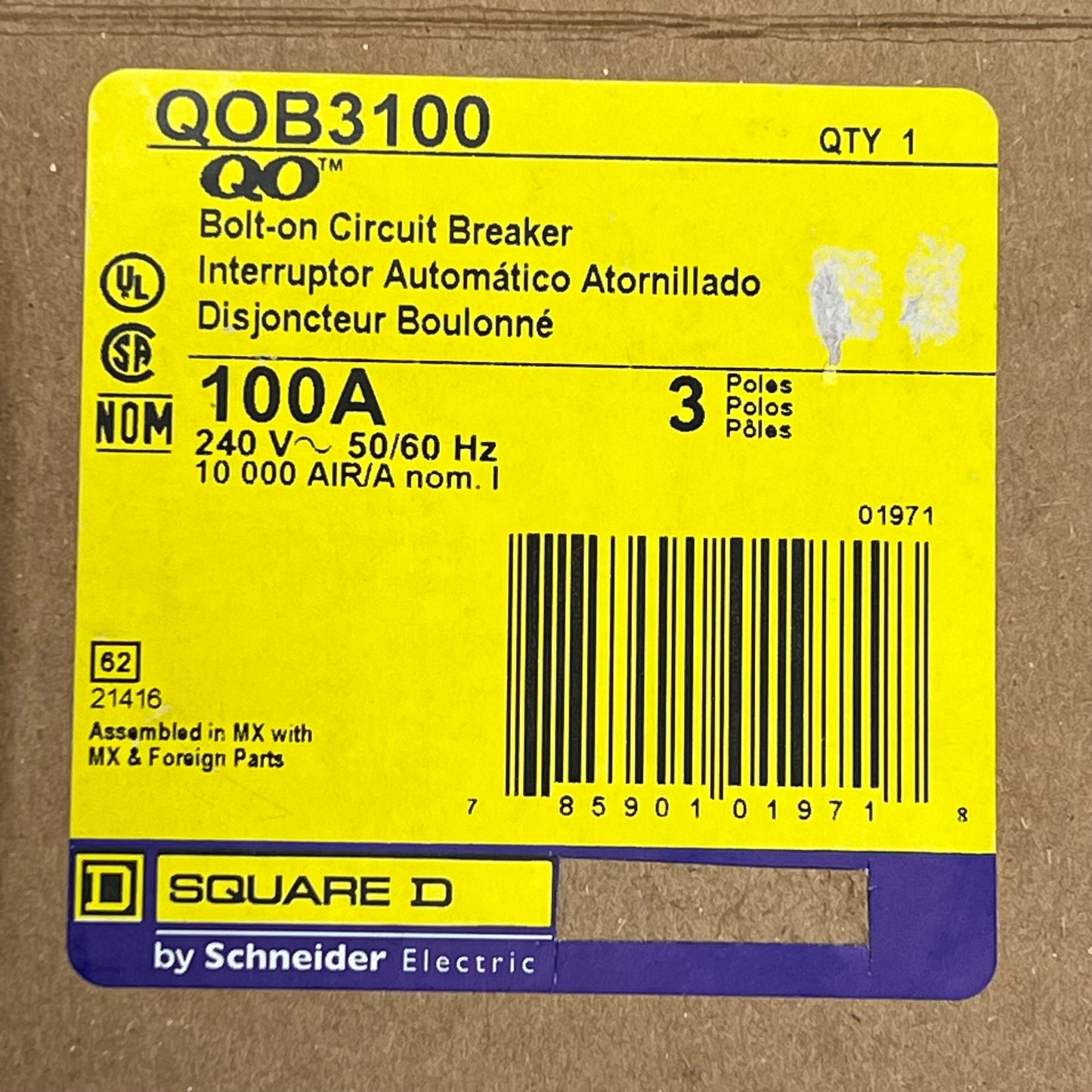 SQUARE D 100 Amp Circuit Breaker Bolt-On 3 Pole 240 Volt QOB3100