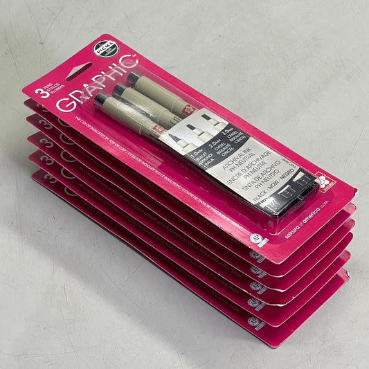 SAKURA (6-PACK) Pigma Graphic Pens, Archival Ink 1mm, 2mm, 3mm Black 38881
