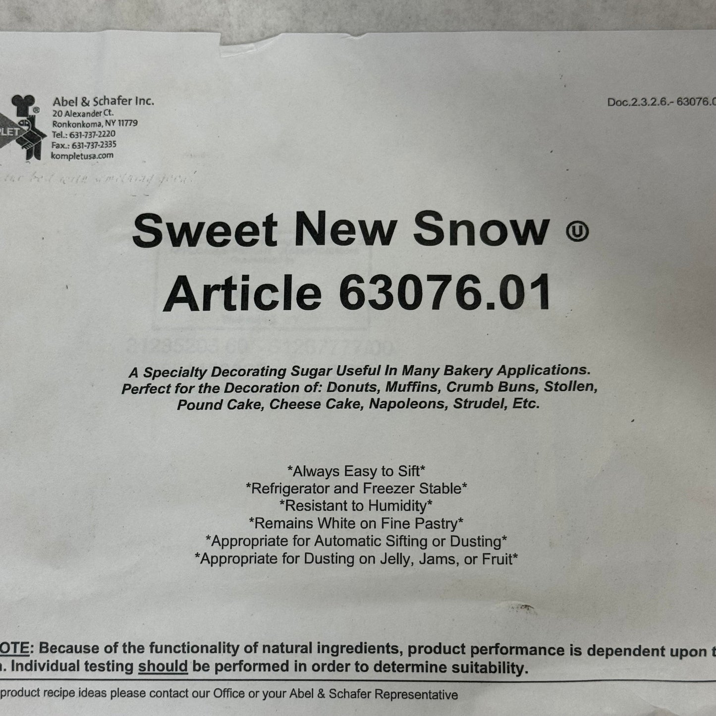 ABEL & SCHAFER Sweet New Snow Decorating Sugar 50Lbs 63076.01 Exp 01/25 (New)