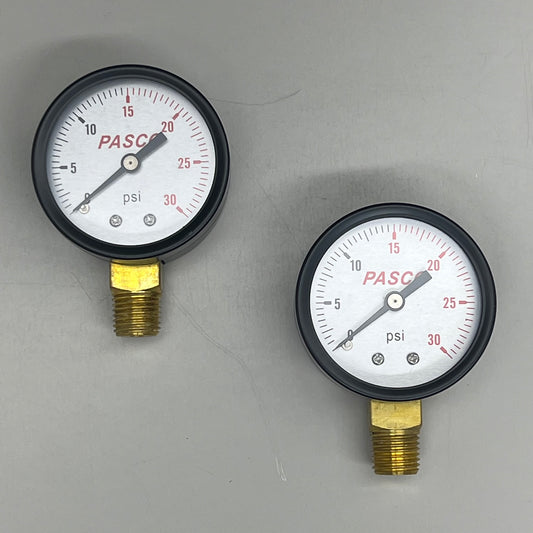 PASCO (2 PACK) Pressure Gauge 1/4" MPT Brass Connection 2" 30PSI Steel Enclosure 1727