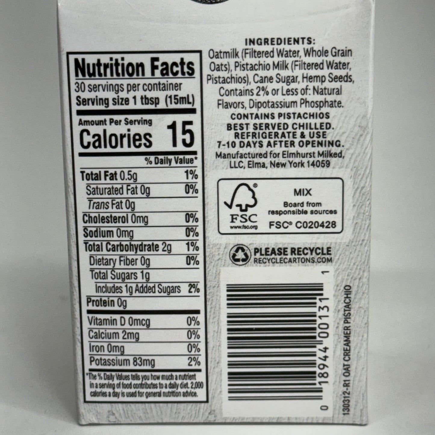 ELMHURST (6 PACK) Elmhurst Pistachio Creme Oat Creamer 16 fl oz. BB 01/27