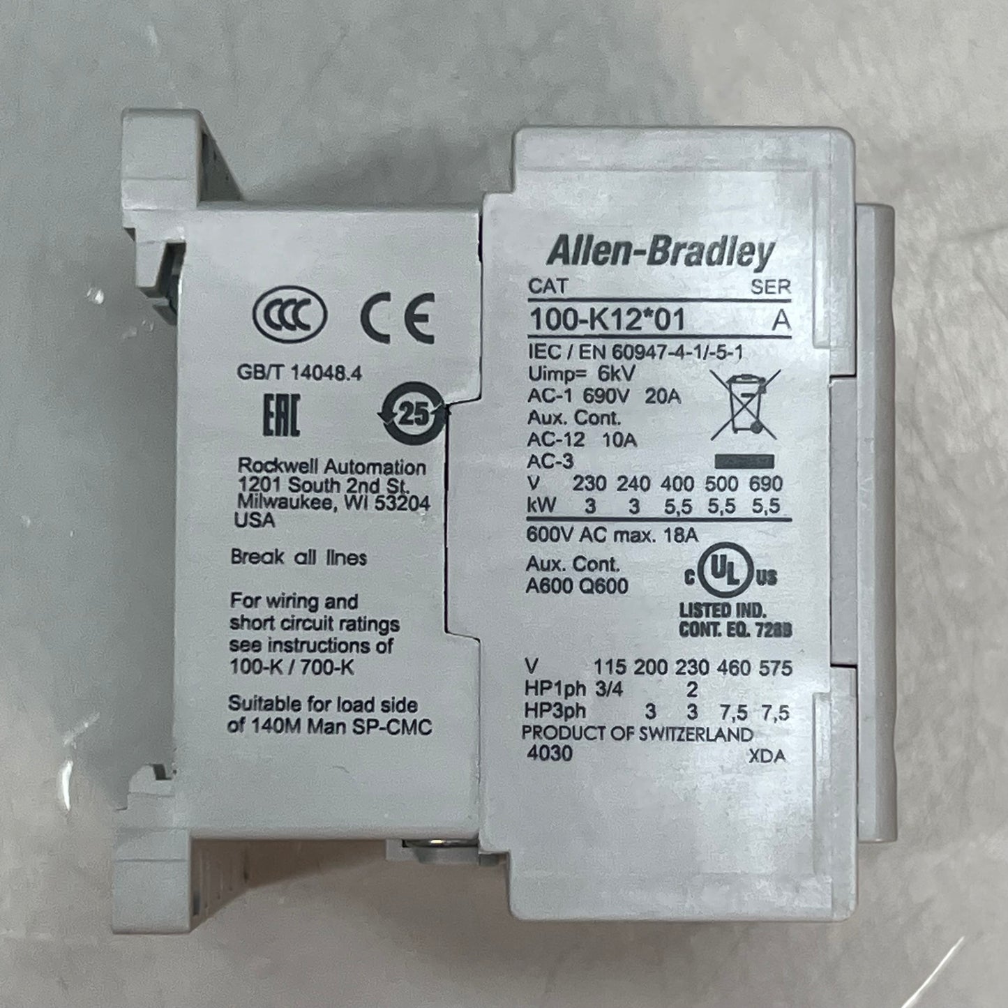 ALLEN BRADLEY Mini Contactor 12 Amp IEC 24 VDC 3 Pole 18-12 AWG 100-K12DJ01