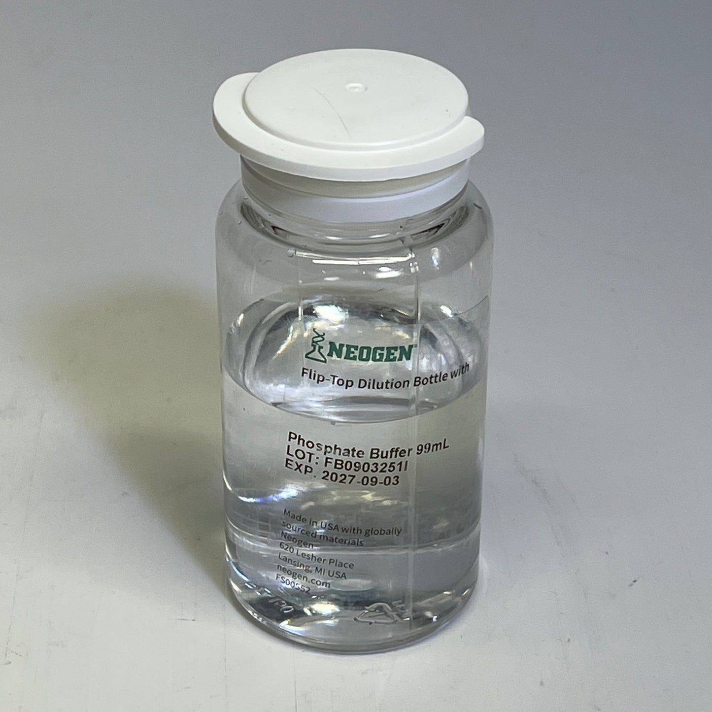NEOGEN (60 PACK) Flip Top Dilution Bottle W/ Phosphate Buffer 99 mL BB 09/2027