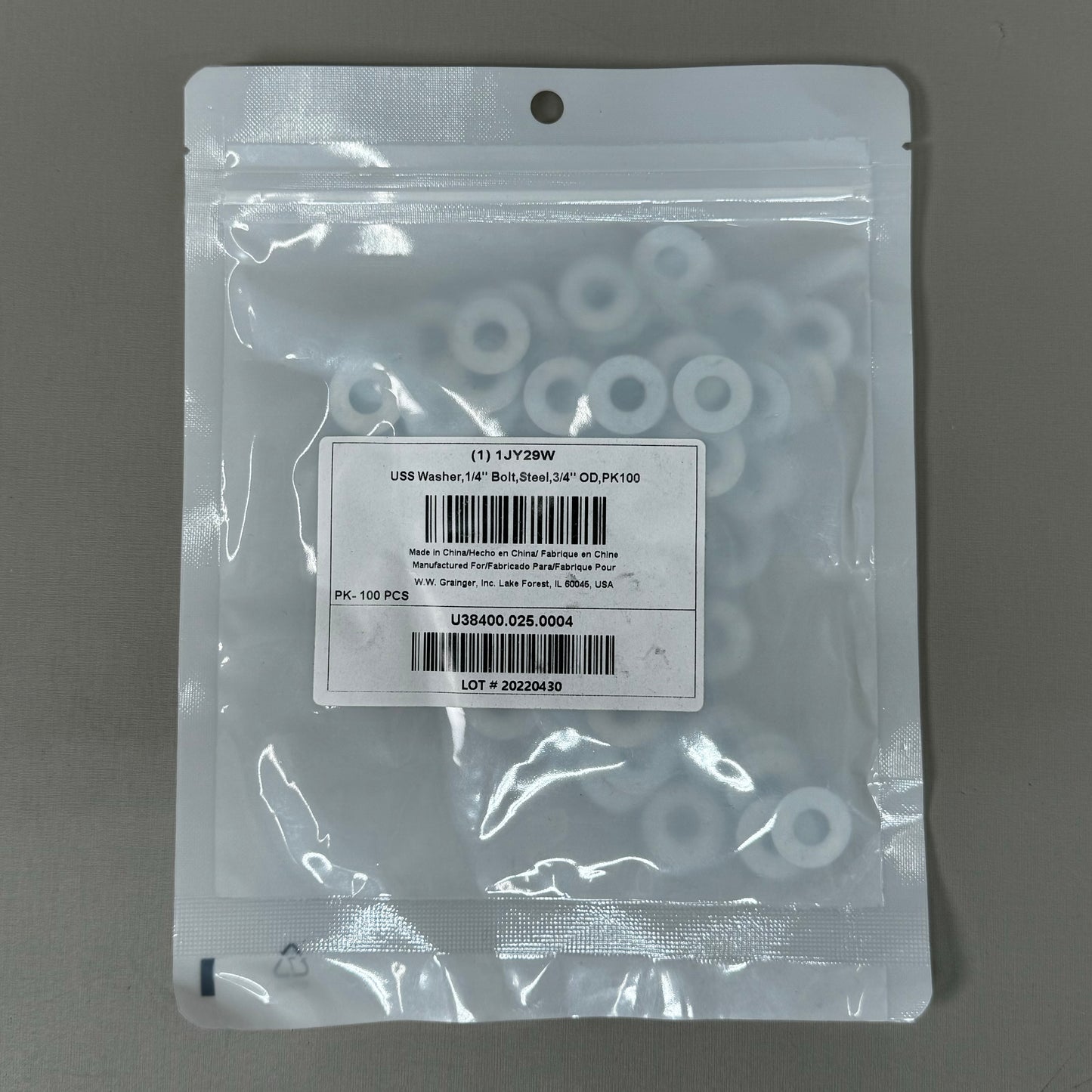 GRAINER Steel Zinc Plated USS Washers for 1/4" Screw & 3/4" OD 600pk 1JY29