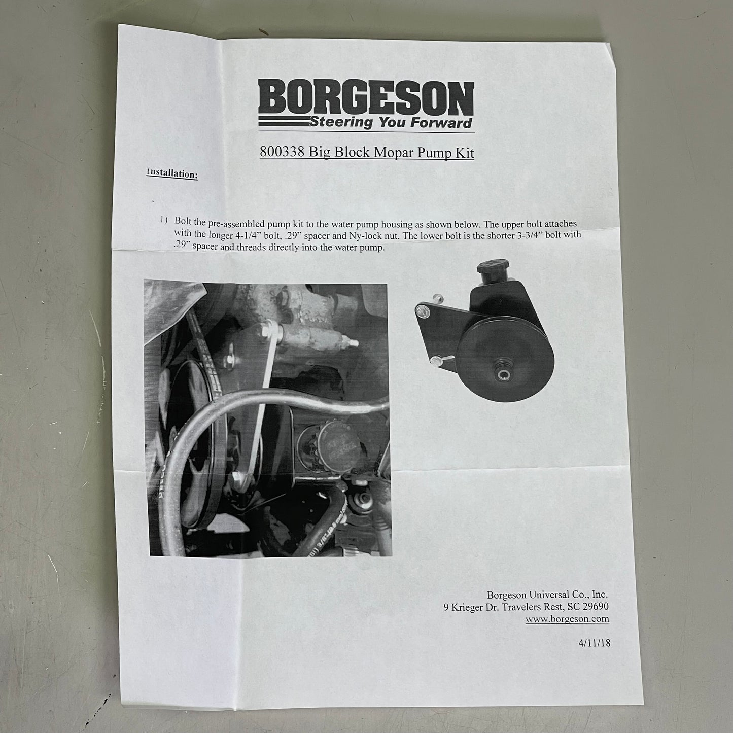 BORGESON Mopar Power Steering Pump Upgrade Kit 5/8"-18 Flare Outlet 800338