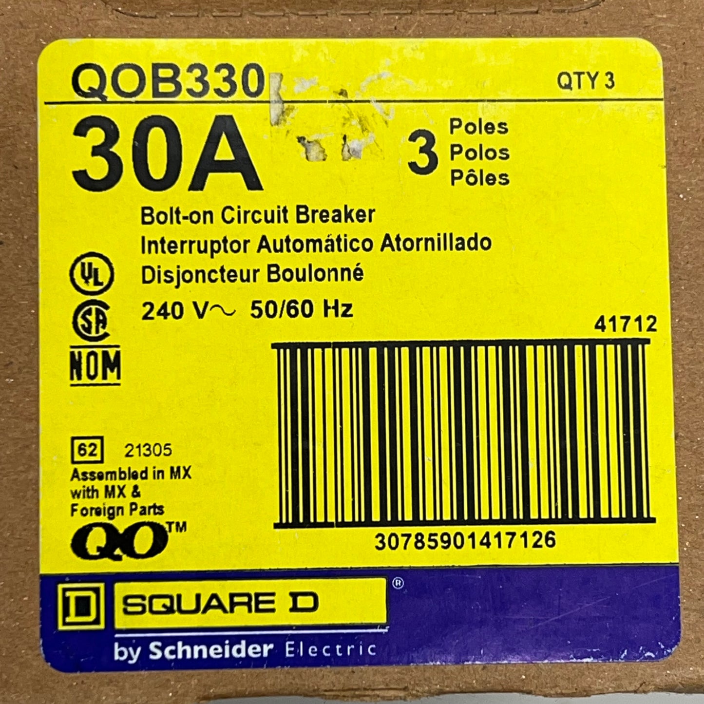 SQUARE D 30 Amp Bolt-On Circuit Breaker 3 Pole 240 Volt QOB330