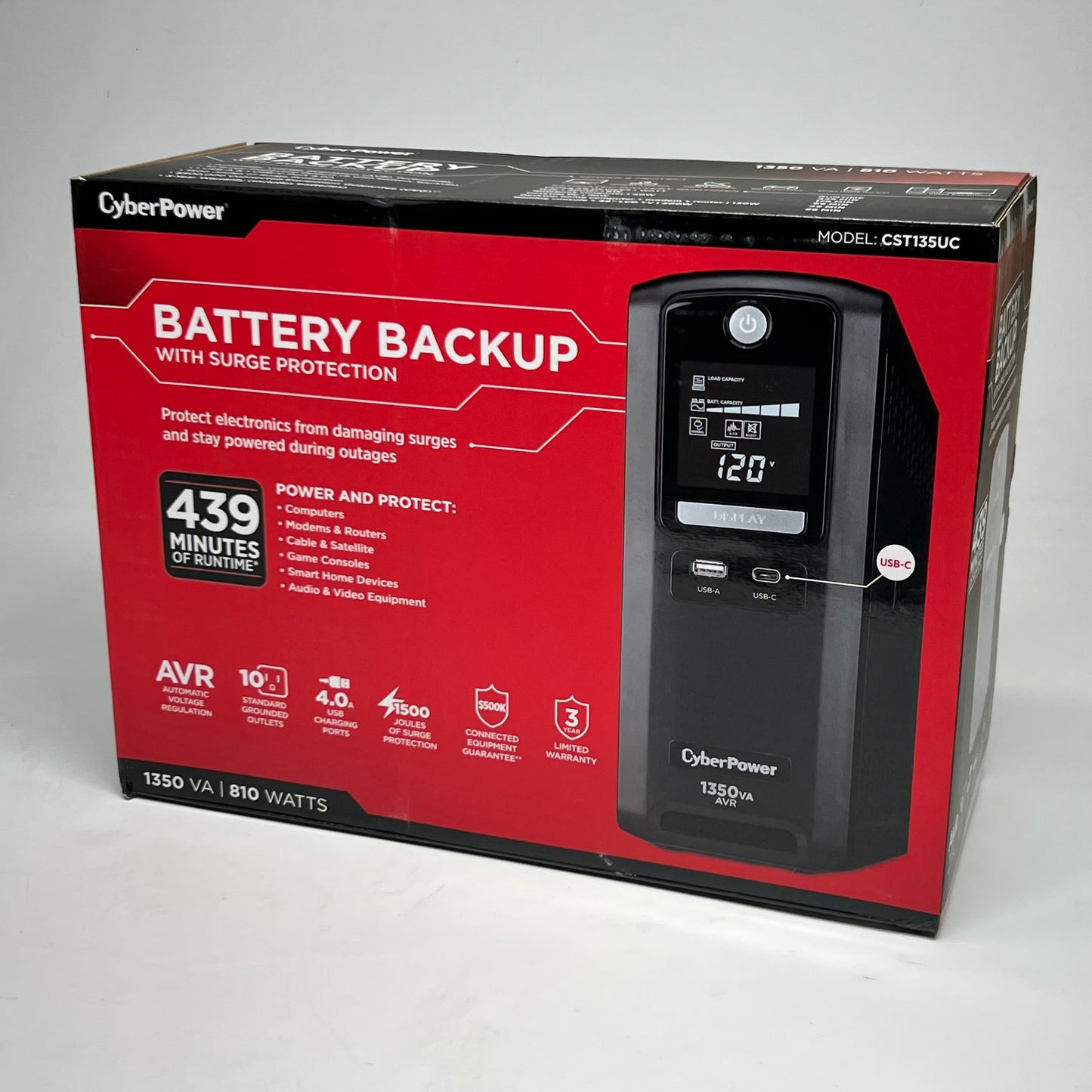 CYBERPOWER 1350VA/810W Battery Backup & Surge Protector - 10 Outlets, AVR & USB Charging CST135UC