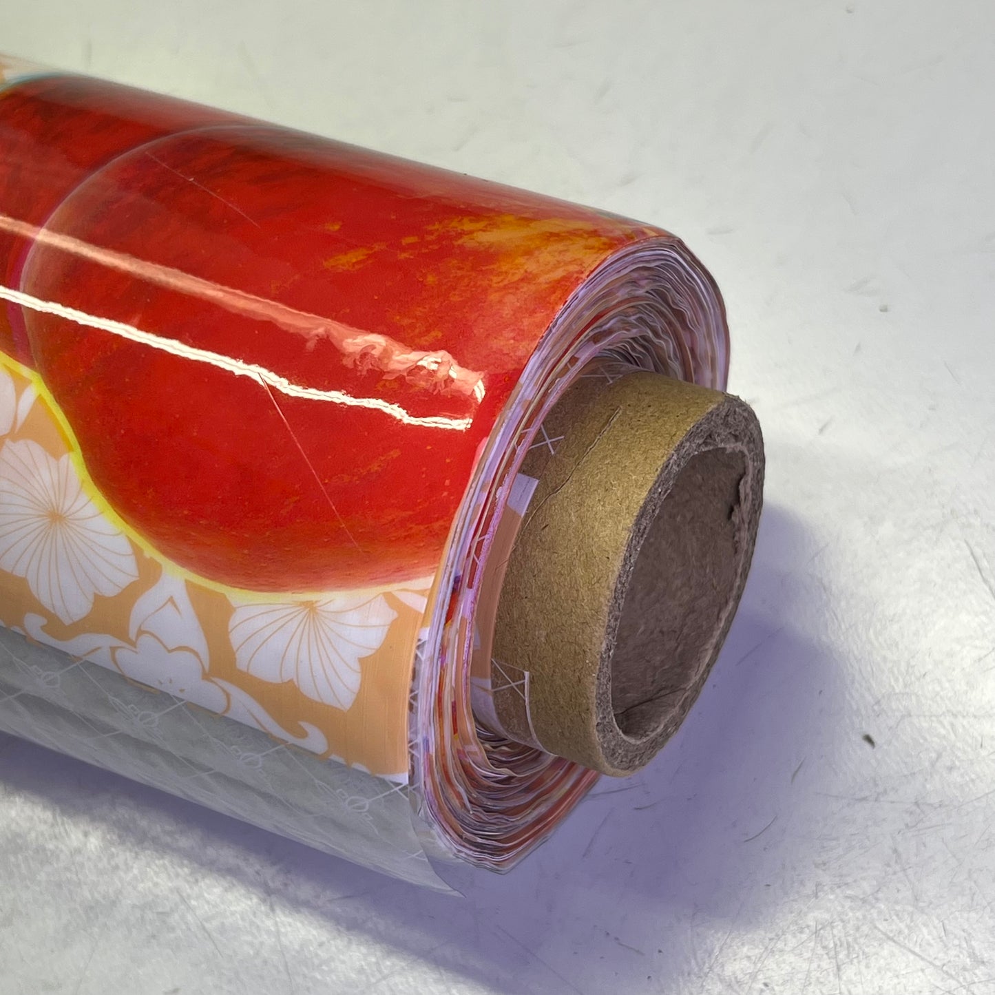 PVC Glossy Faux Lace Patchwork Fruit Dining Tablecloth Roll 54"x60' White/Orange