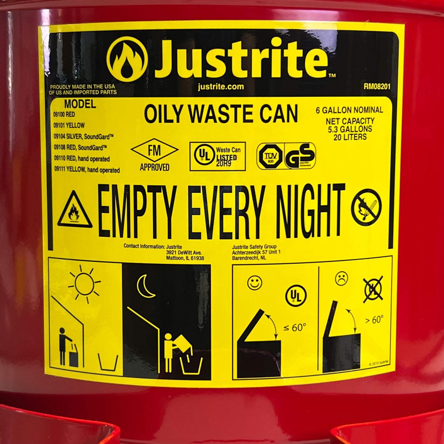 JUSTRITE Oily Waste Can 6 Gal w/ Foot Lever Red 09100
