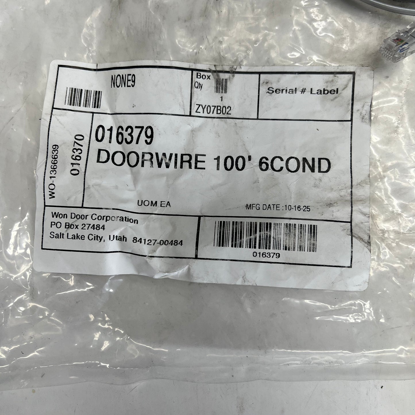 WON DOOR CORPORATION Door Wire Assembly  6 Conductor- 100 ft Grey 016379