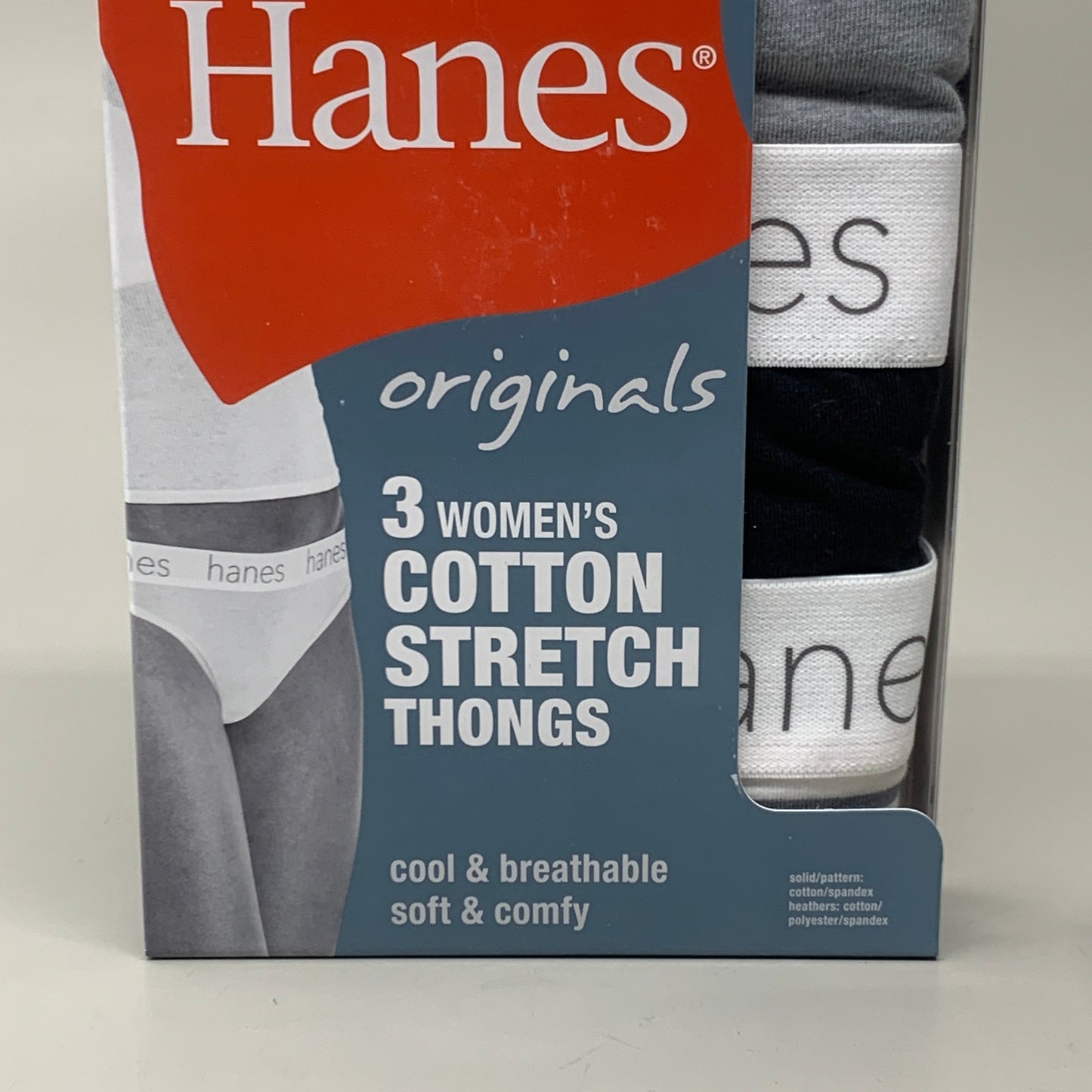 HANES 3 PACK!! Originals Women's Breathable Cotton Stretch Thongs Underwear Sz 6/M Black/Heather/Stripe 45U0BT