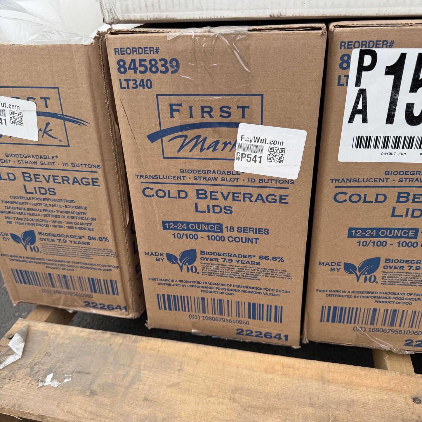 ZA@ Pallet of FIRST MARK Clear Lids, Black Hot Cup Lids, Tortilla Strips, & Toilet Seat Covers