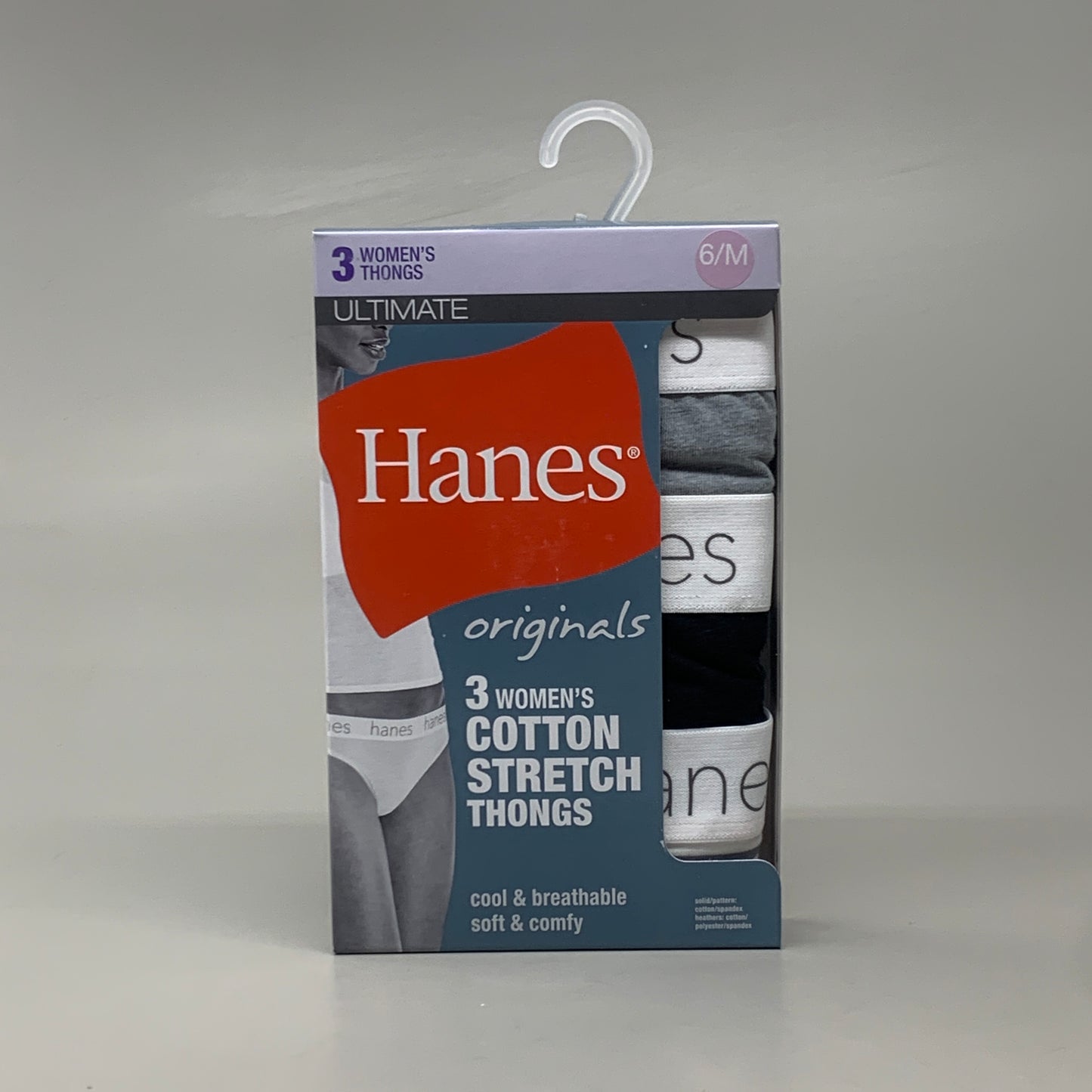 HANES 3 PACK!! Originals Women's Breathable Cotton Stretch Thongs Underwear Sz 6/M Black/Heather/Stripe 45U0BT