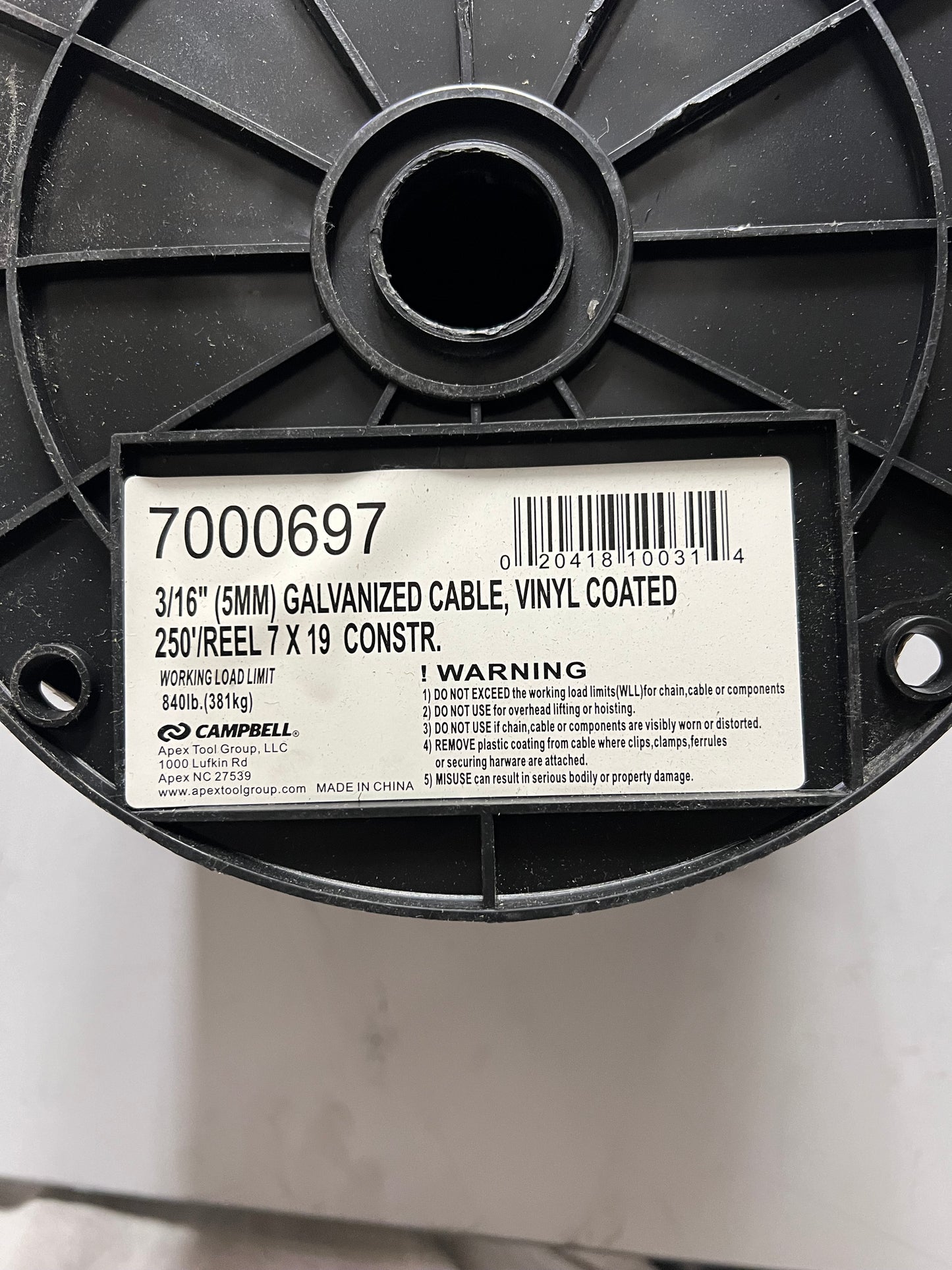 CAMPBELL High Strength Vinyl Coated Galvanized Reel Cable 3/16" X 250' 7000697