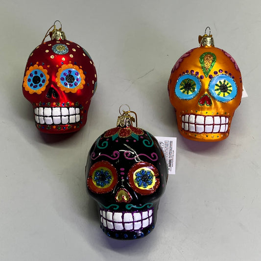 ZA@ KURT S ADLER (3 PACK) Noble Gems Glass Sugar Skull Ornaments  3.5" Multicolor A