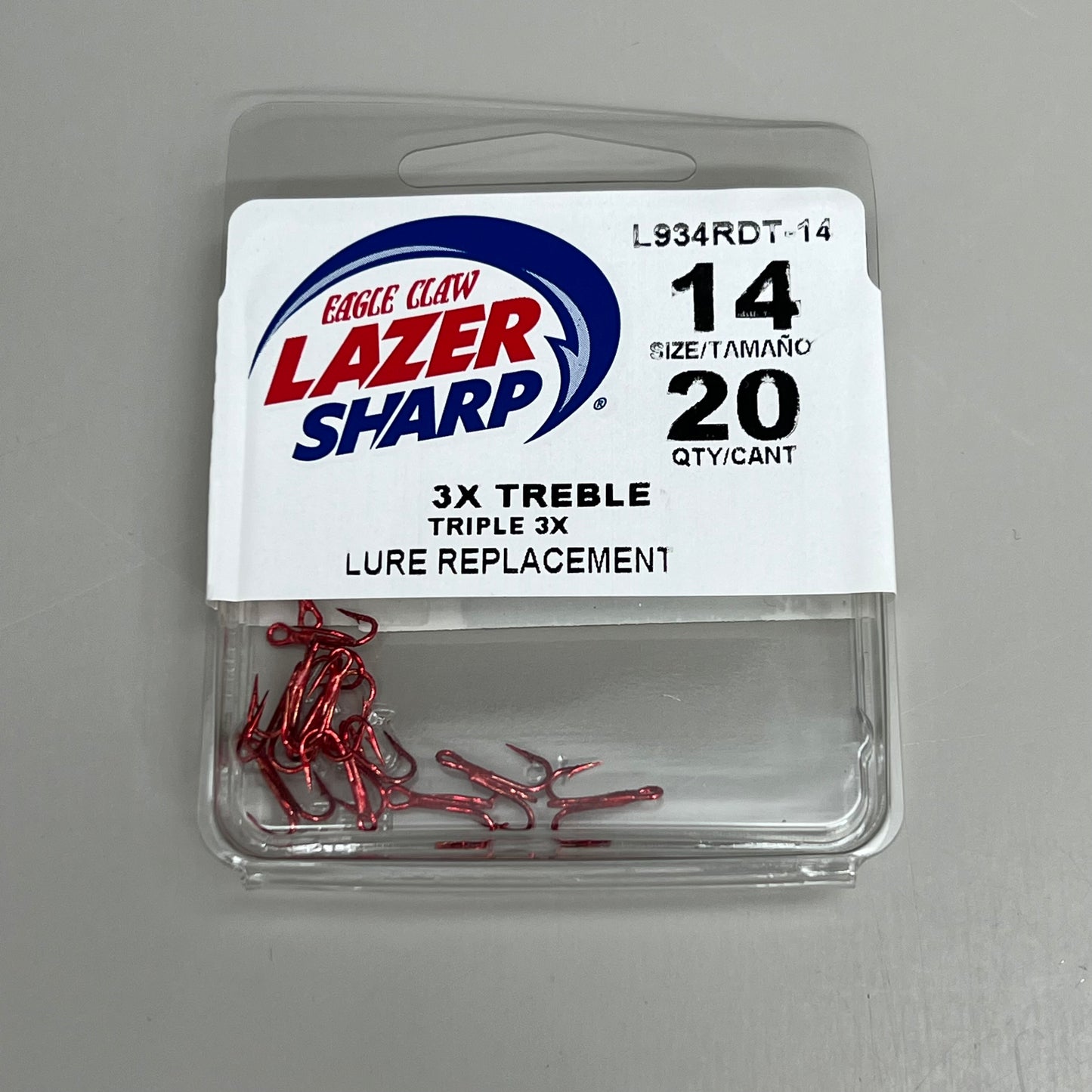 EAGLE CLAW (5 PACK) 3X Treble Regular Round Bend Hook Red #14 20pc L934RDT-14