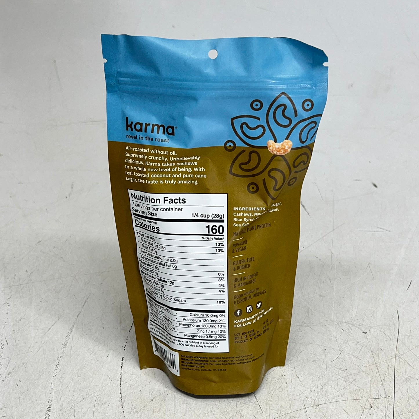 KARMA (6 PACK) Toasted Coconut Roasted Cashews 6 Essential Minerals 7oz BB 04/27