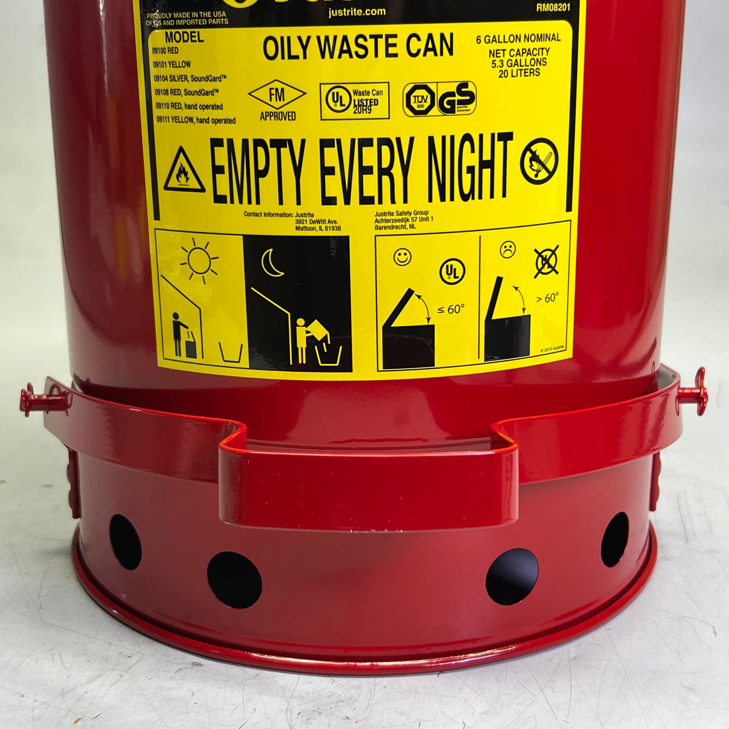 JUSTRITE Oily Waste Can 6 Gal w/ Foot Lever Red 09100