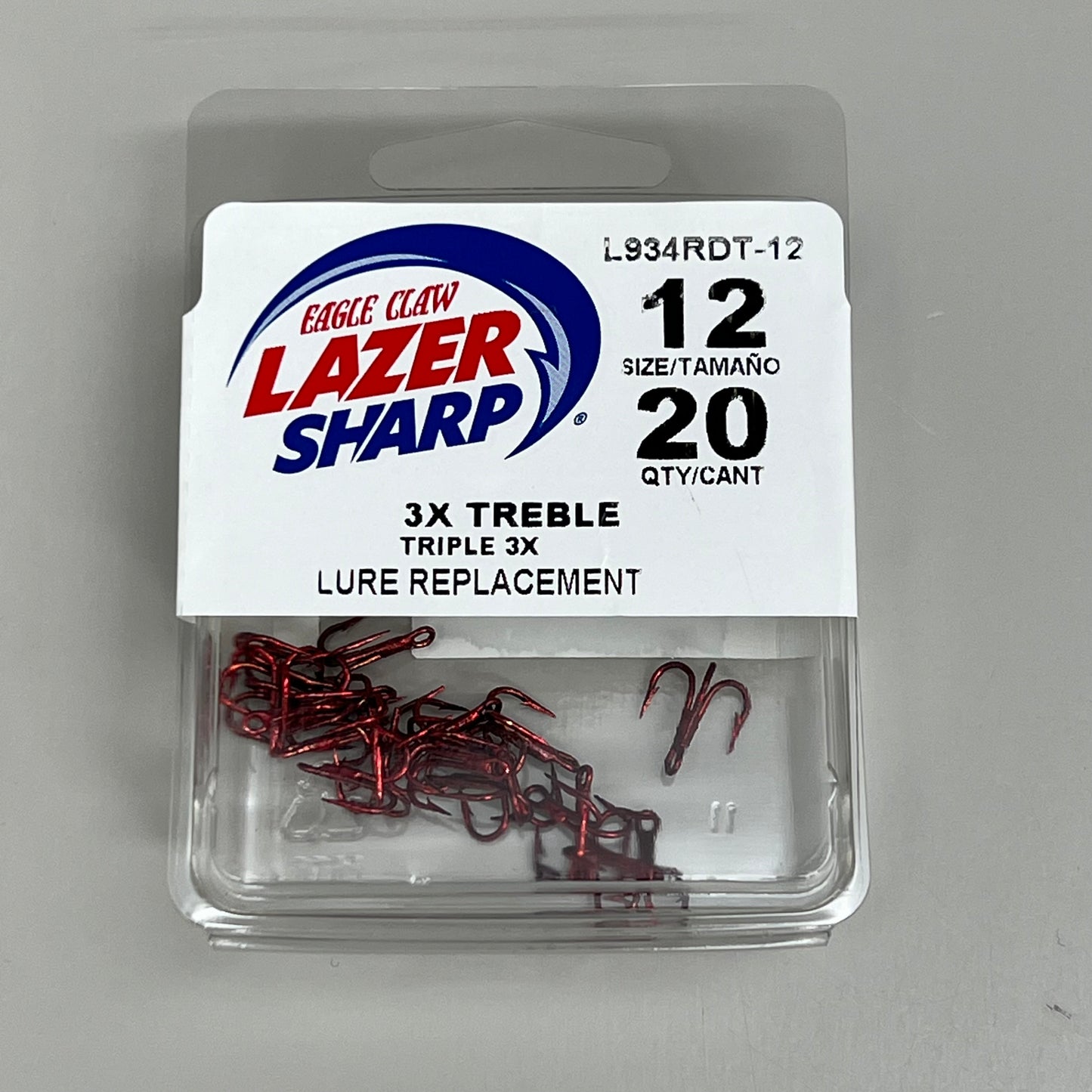 EAGLE CLAW (3 PACK) 3X Treble Regular Round Bend Hook Red #12 20pc L934RDT-12