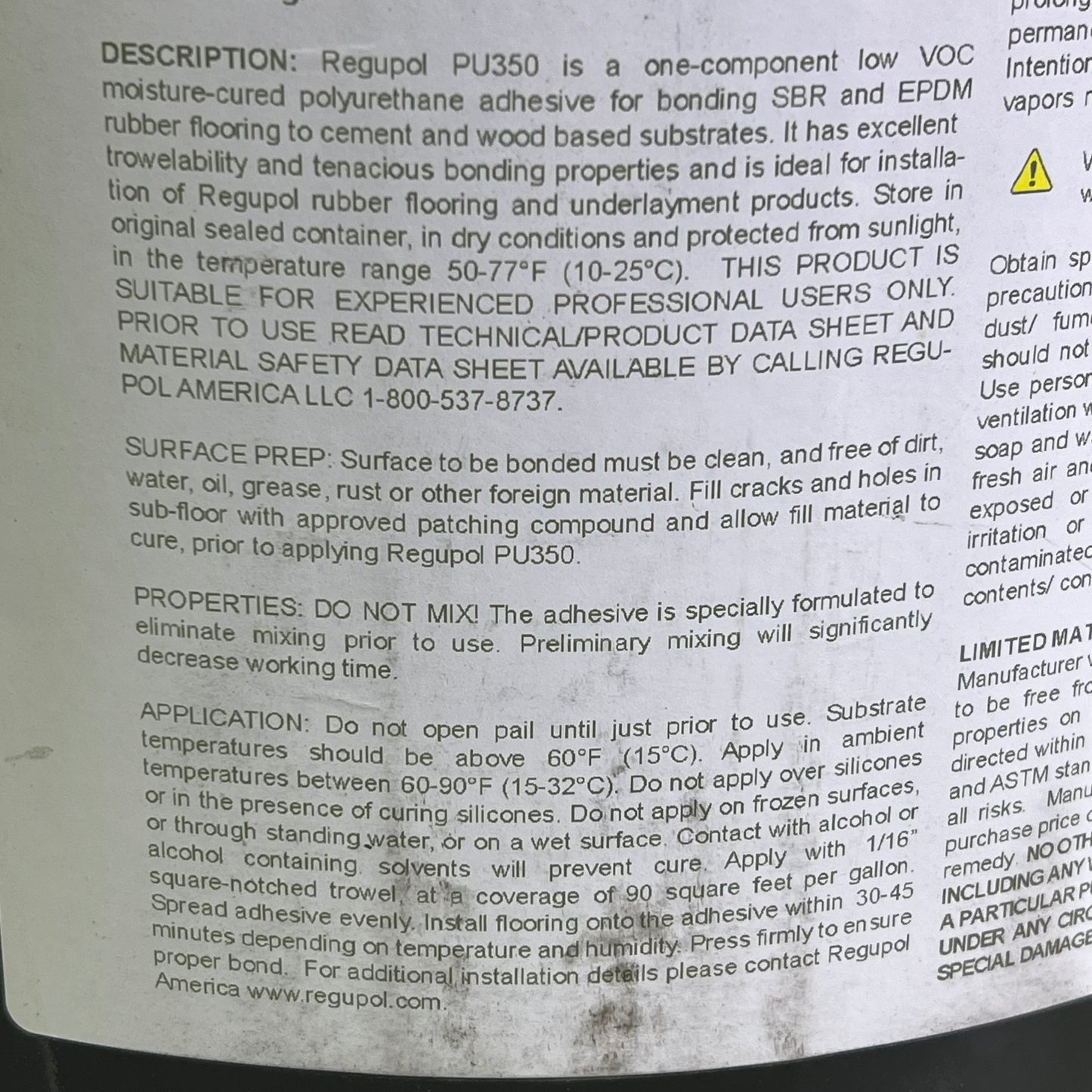 REGUPOL Premium Polyurethane Rubber Flooring Adhesive Made In USA 5 Gal PU350
