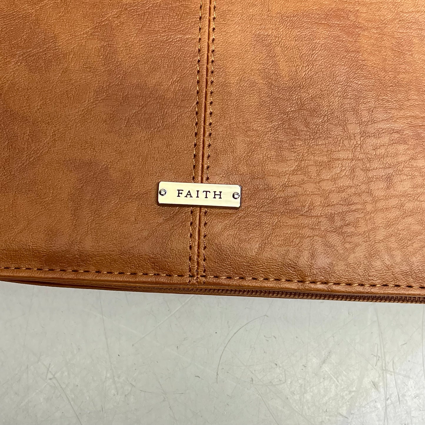 CHRISTIAN ART GIFTS Faux Leather Bible Cover W/ Badge 7"x10" Honey-Brown BBL541