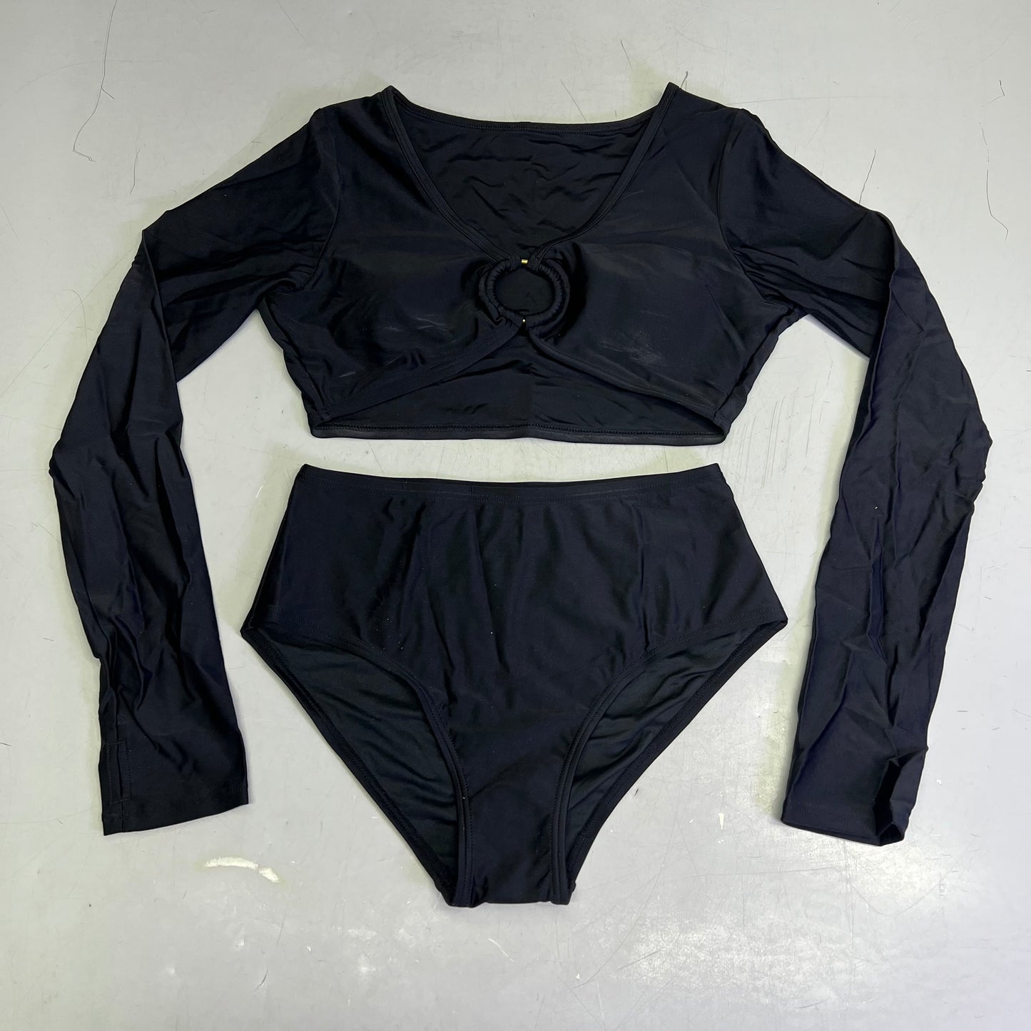 CHARMO Long Sleeve Top High Waist Bottoms Bikini Set Women's Sz S Black