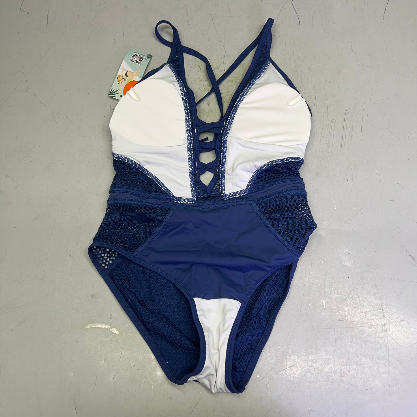 CHARMO Solid Cross Plunge Crochet One Piece Swimsuit Women's Sz S Blue