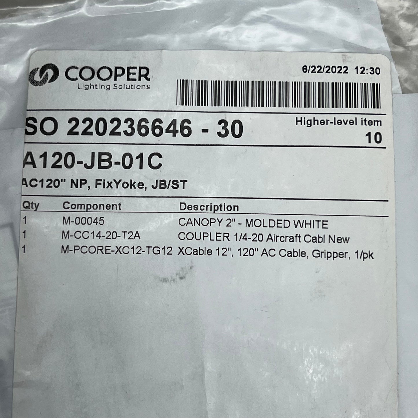 COOPER LIGHTING Hardware Kit A120-JB-01C Molded White SO 220236646-30