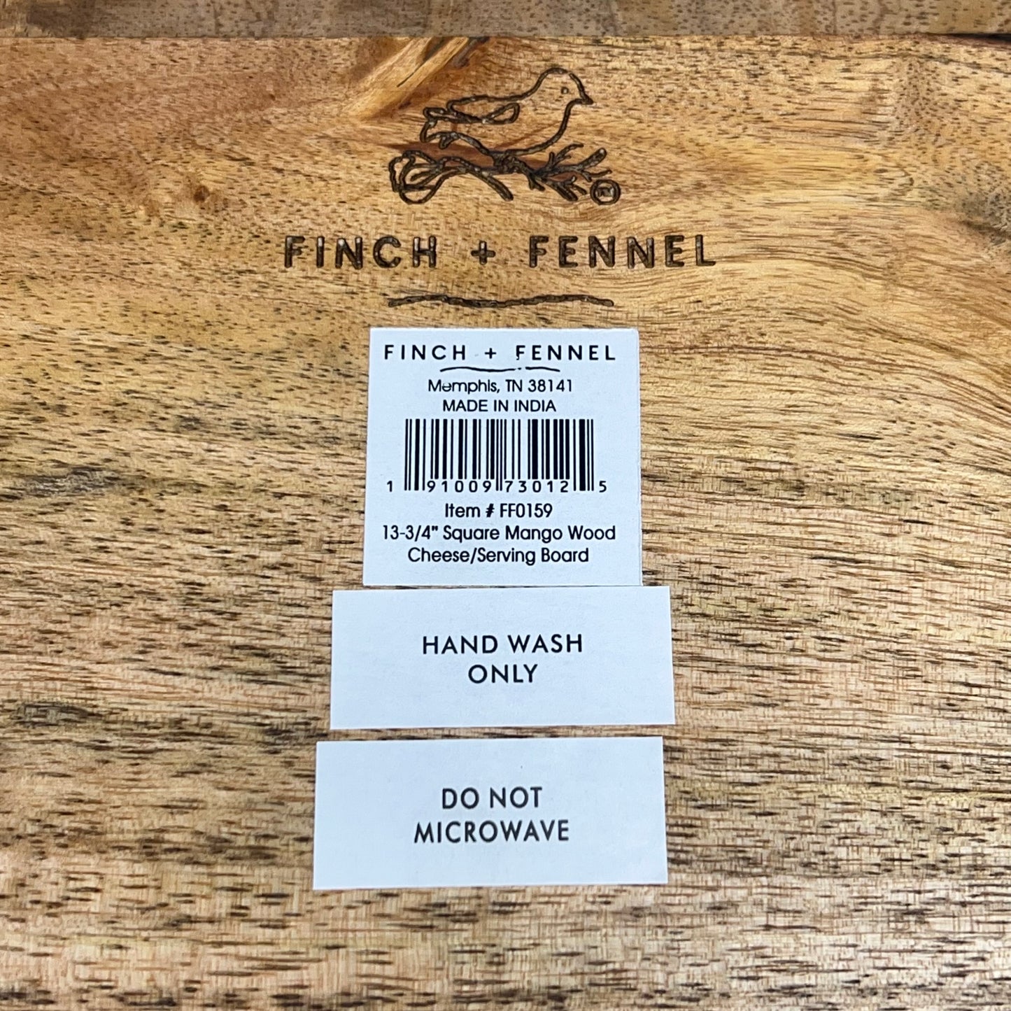 FINCH + FENNEL Square Mango Wood Cheese Serving Board  13-3/4" Natural FF0159
