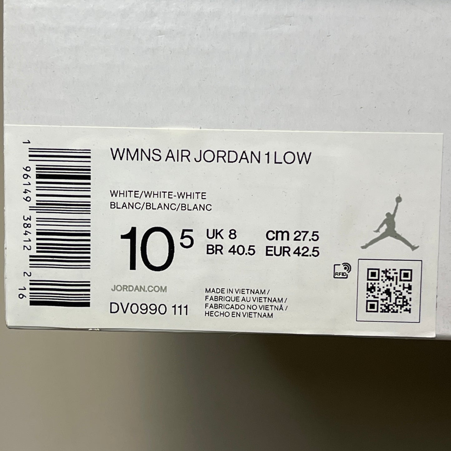 NIKE AIR JORDAN 1 Low Triple White Women's Sz 10.5 DV0990-111 (New in Box)