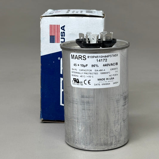 MARS Motor Run Capacitor Round 45/10MFD 440/370 VAC Dual Voltage Rated 14172