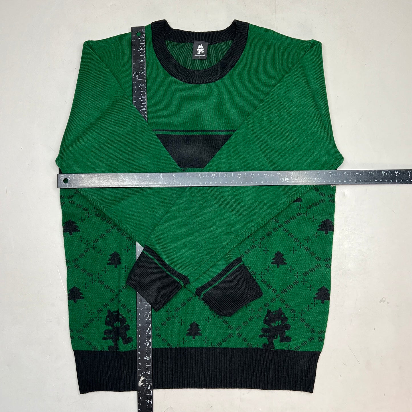 MONSTERCAT Records Soft Holiday Monogram Pullover Sweater Men's Sz M Green