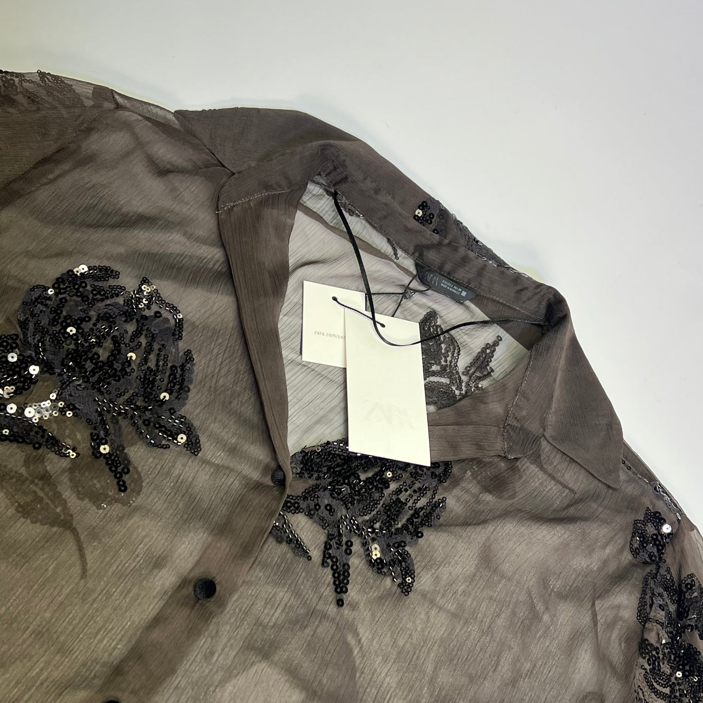 ZARA Button Up Semi-Sheer Sequin Feather Blouse Women's Sz XS Black/Brown