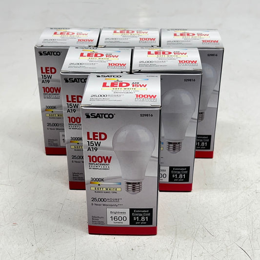SATCO (6 PACK) Led Light Bulbs 15W LED A19 3000K 1600 Lumens Soft White S29816