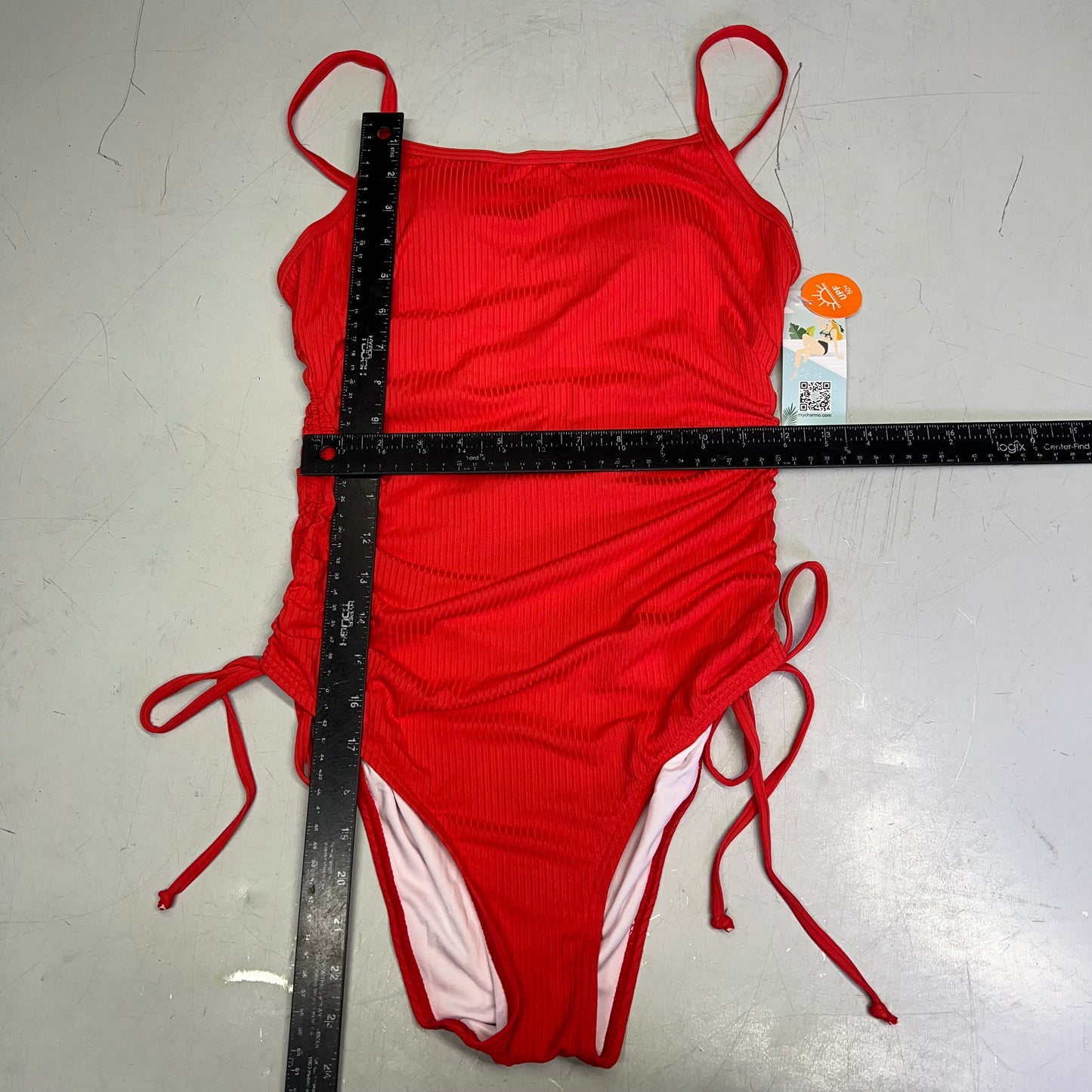 CHARMO Ribbed Adjust Drawstring Long Torso One Piece Swimsuit Women's Sz S Red