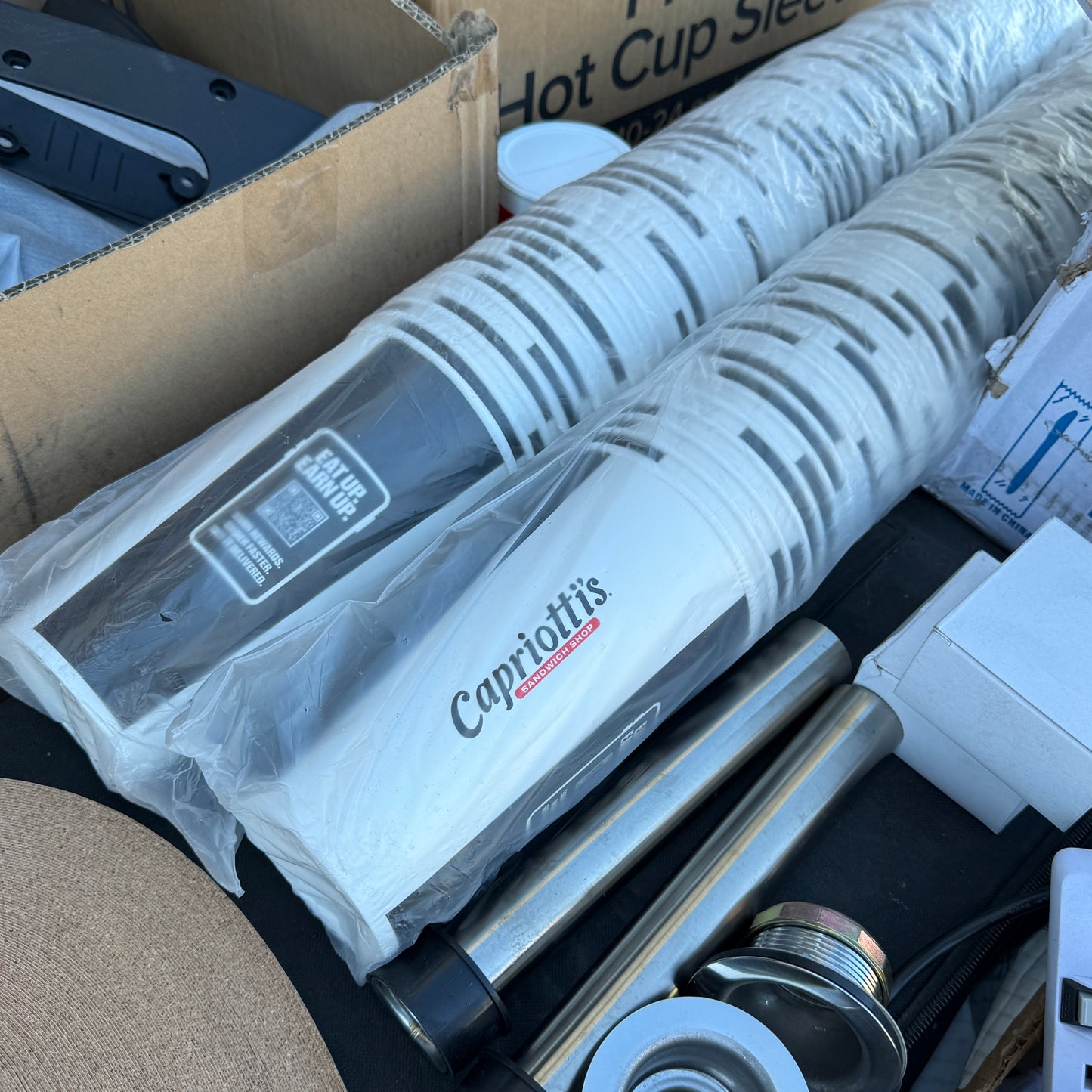 ZA@ Pallet of MIXED Paper Cups, Brackets, Fenders, Mate, Plumbing Parts, Hot Cup Sleeves, Bike Fender, & MORE! (AS-IS)