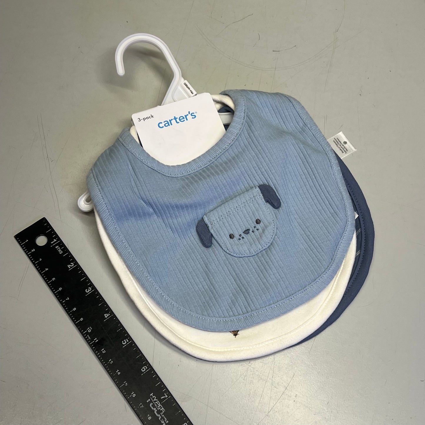 CARTERS (SET OF 3) Snap Baby Bibs Puppy Pocket Farmhouse Patterns Blue/White