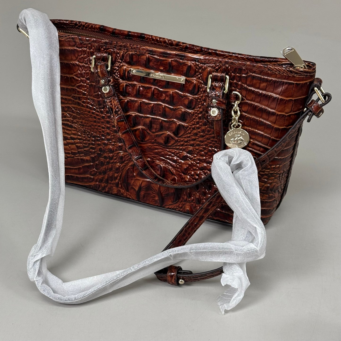 BRAHMIN Melbourne Leather Crocodile Embossed Med Asher Tote Bag (Brown)