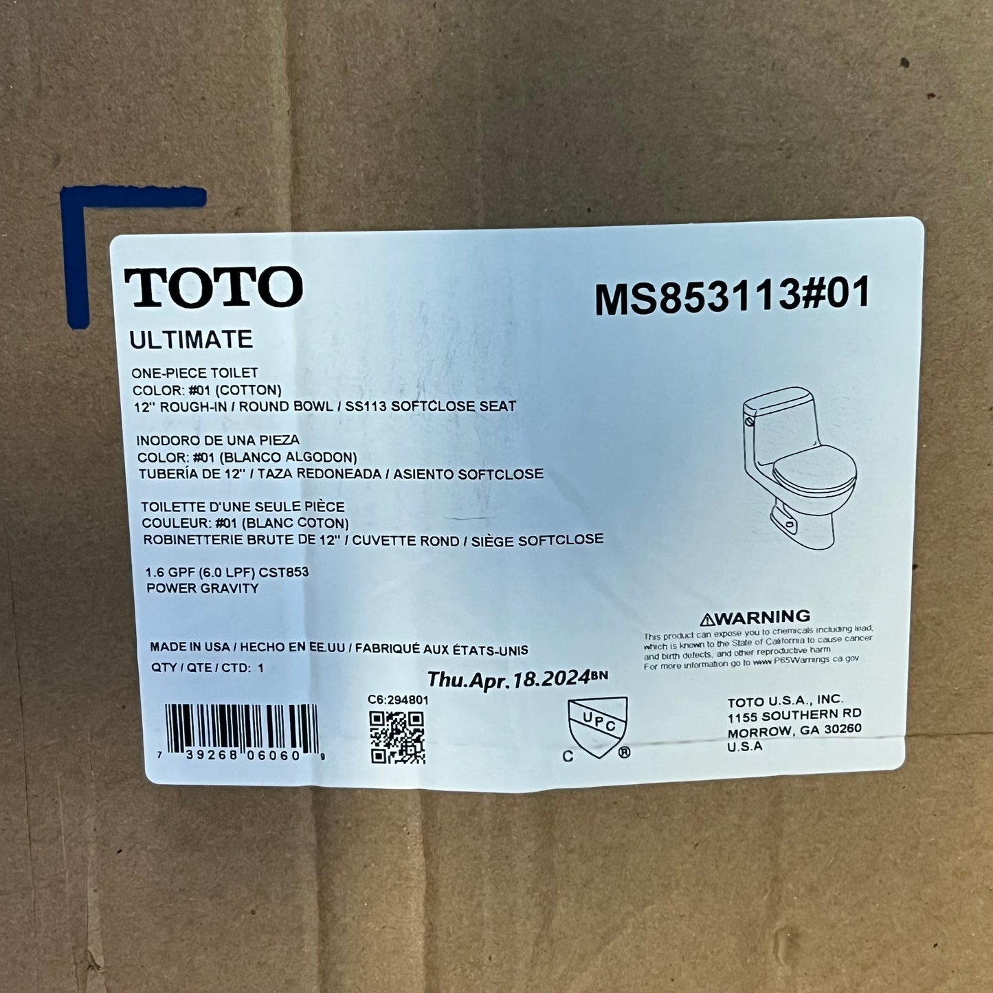 TOTO Ultimate 1 Piece Round Toilet Gravity Flush System 1.6 GPF Cotton MS853113