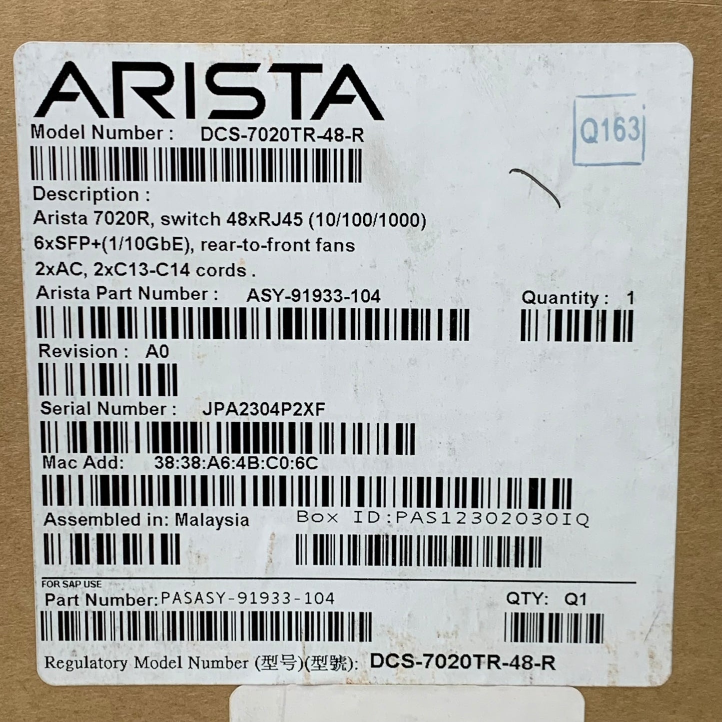 ARISTA Network Switch Back-to-Front Airflow 48-Port 1GE & 6-10GE SFP+ Uplinks (New)