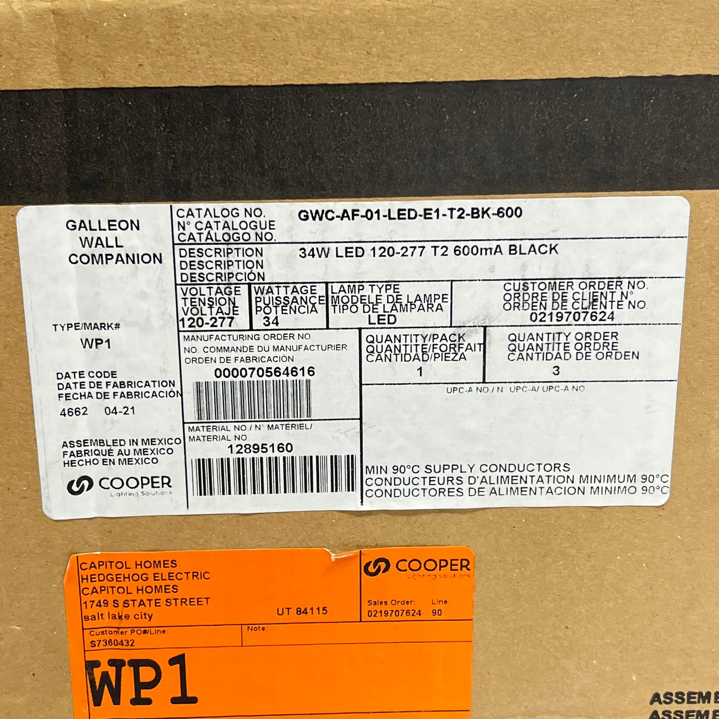 COOPER LIGHTING Gwc Galleon Wall Led 34W 600mA Black GWC-AF-01-LED-E1-T2-BK-600