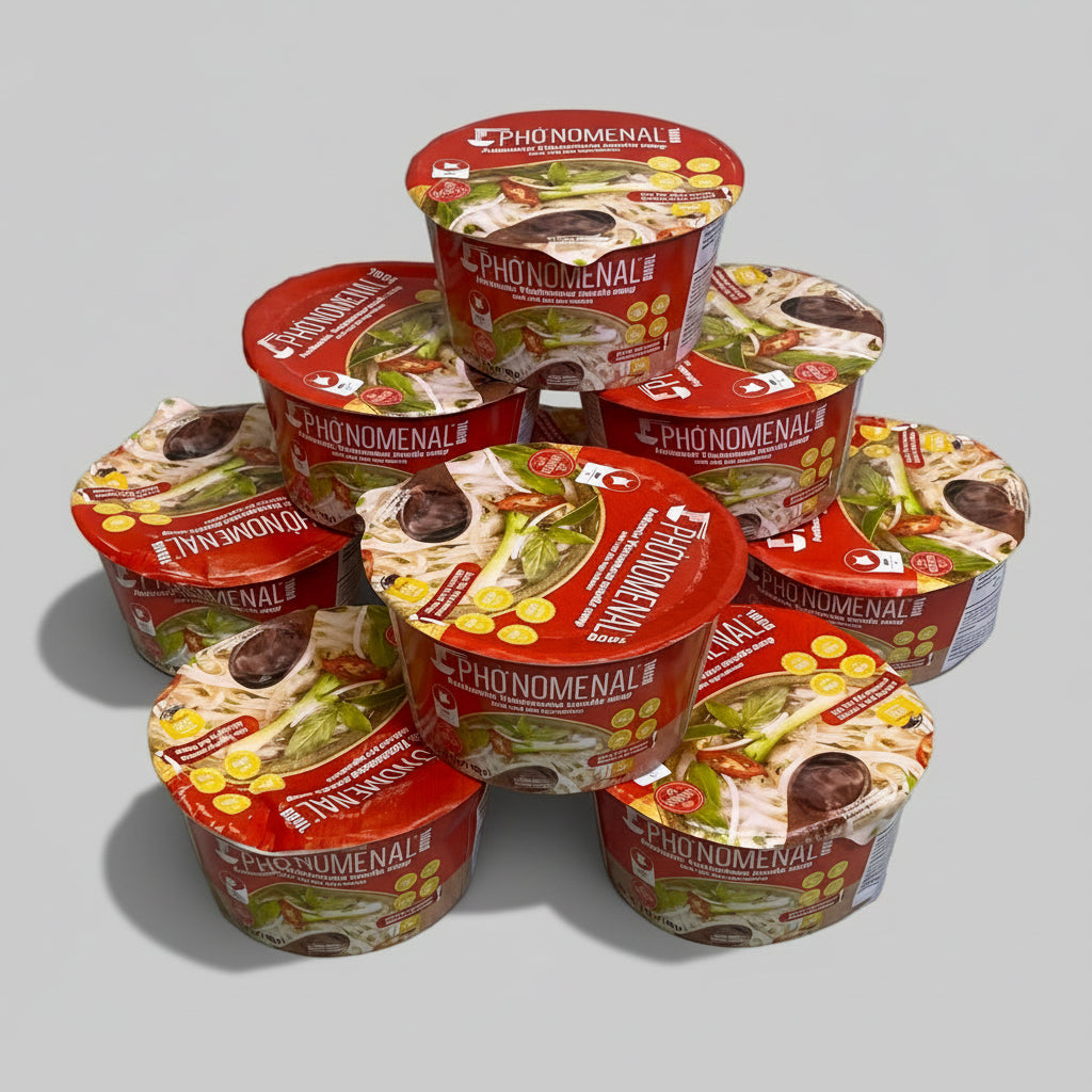 ZA@ PHO NOMENAL (9 PACK) Authentic Vietnamese Beef Noodle Soup Bowl 2.47 Oz BB 08/26 (D|istressed Packaging)