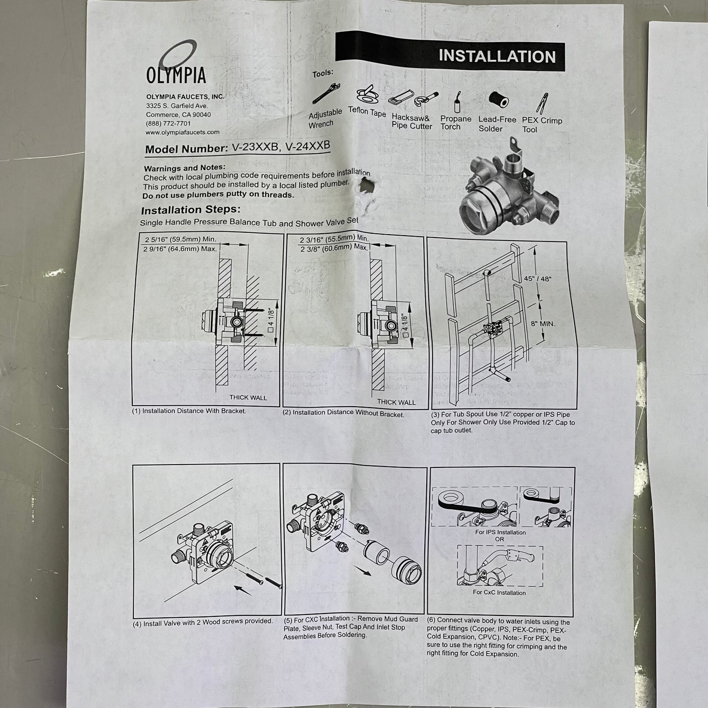OLYMPIA Single Handle Tub/Shower Pressure Balancing Valve (With Shower Handle) V-2300B