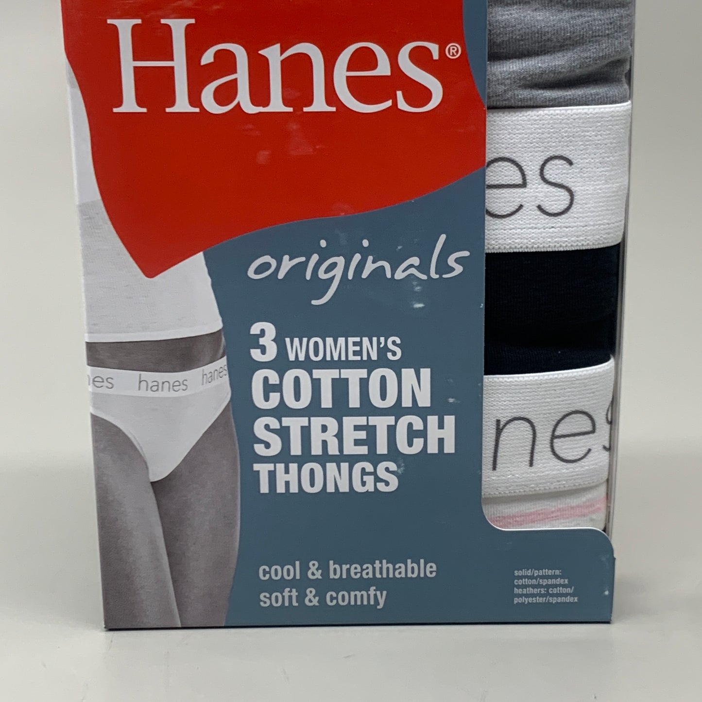 HANES 3 PACK!! Originals Women's Breathable Cotton Stretch Thongs Underwear Sz 7/L Black/Heather/Stripe 45U0BT