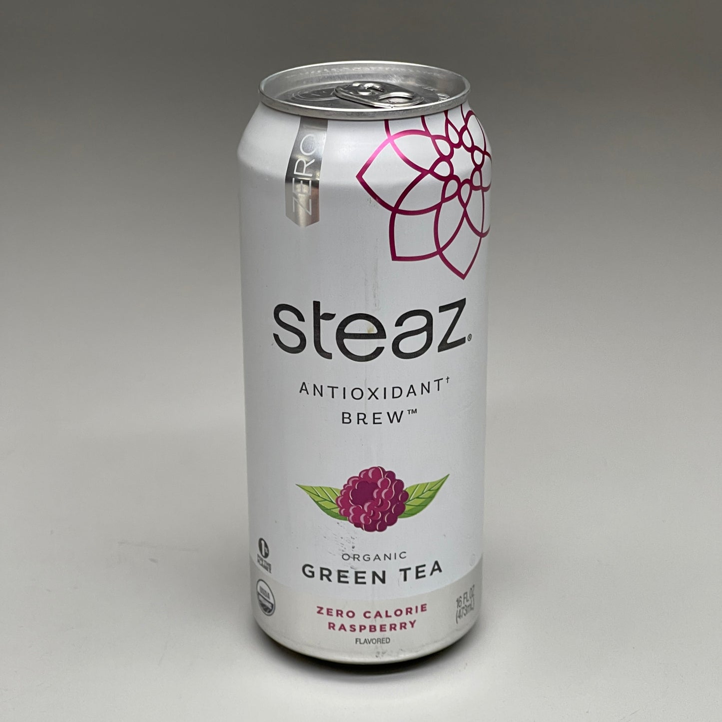 ZA@ STEAZ (12 PACK) Antioxidant Brew Organic Green Tea Raspberry 16 fl oz Zero Calorie (07/25) Distressed Packaging