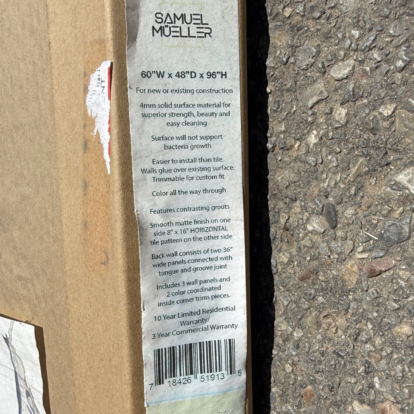 ZA@ Pallet of SAM MÜELLER Belair Solid Surface 2-Sided Shower Wall Kit (AS-IS)