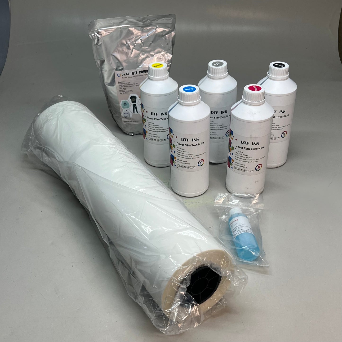 DTF INK Assorted Direct To Film Printing Ink, Powder & Roll Kit Assorted Colors (White Bottle Has Little Hole)