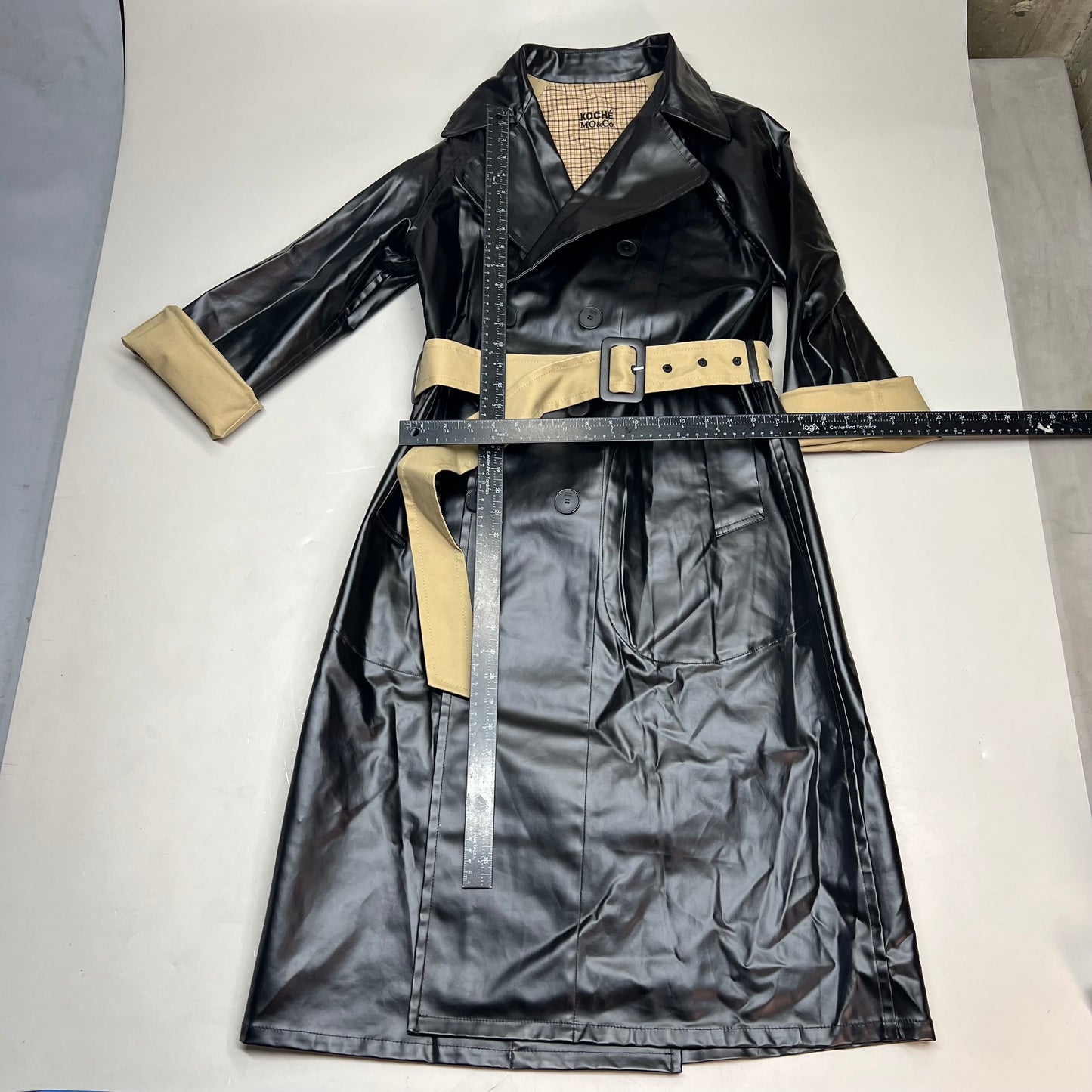 KOCHE MO & CO. Reversible Tie Around Trench Coat Unisex Sz M Khaki/Plaid/Black