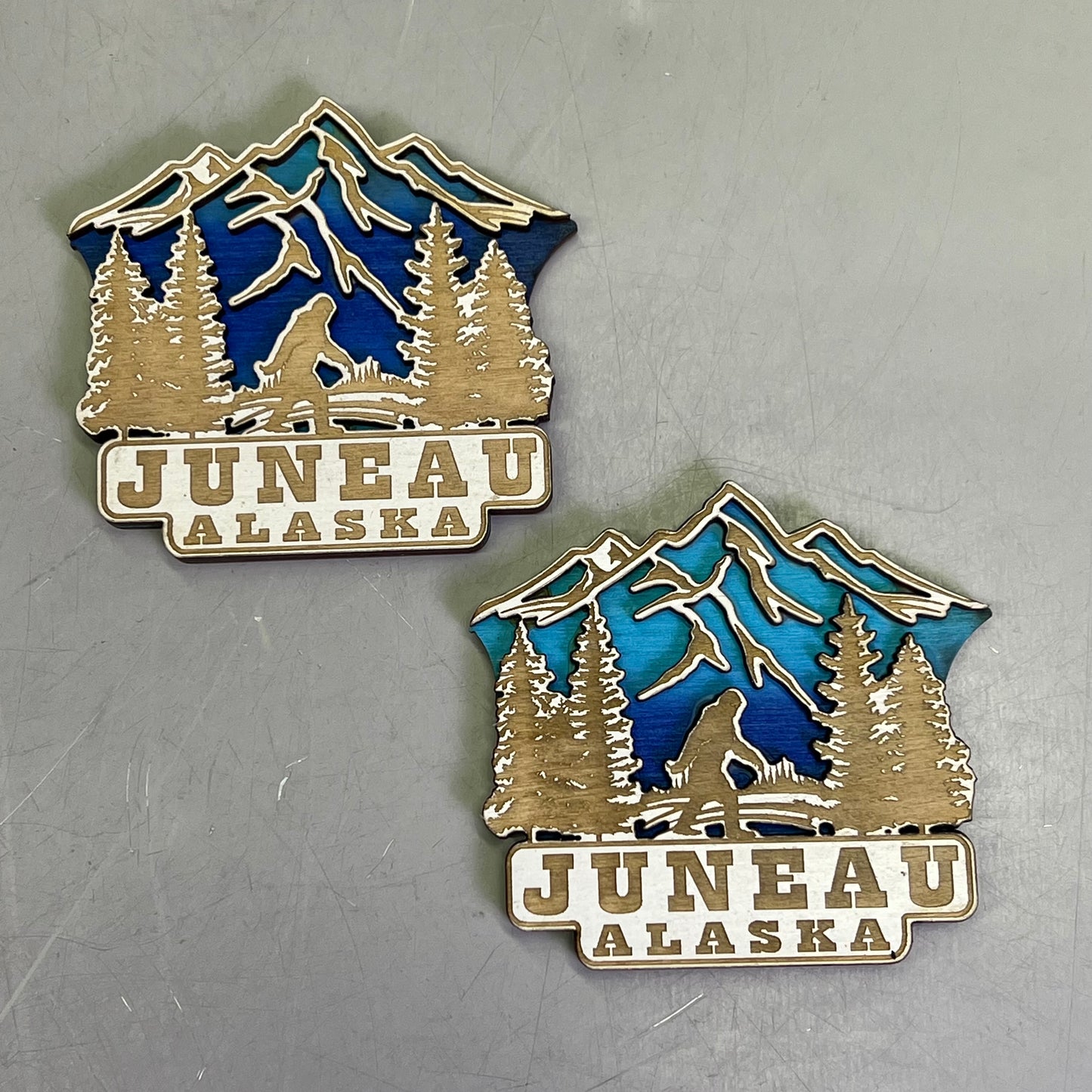 (2 PACK) Roaming Sasquatch Laser Cut Wood Magnet Souvenir JUNEAU,AK Made In USA